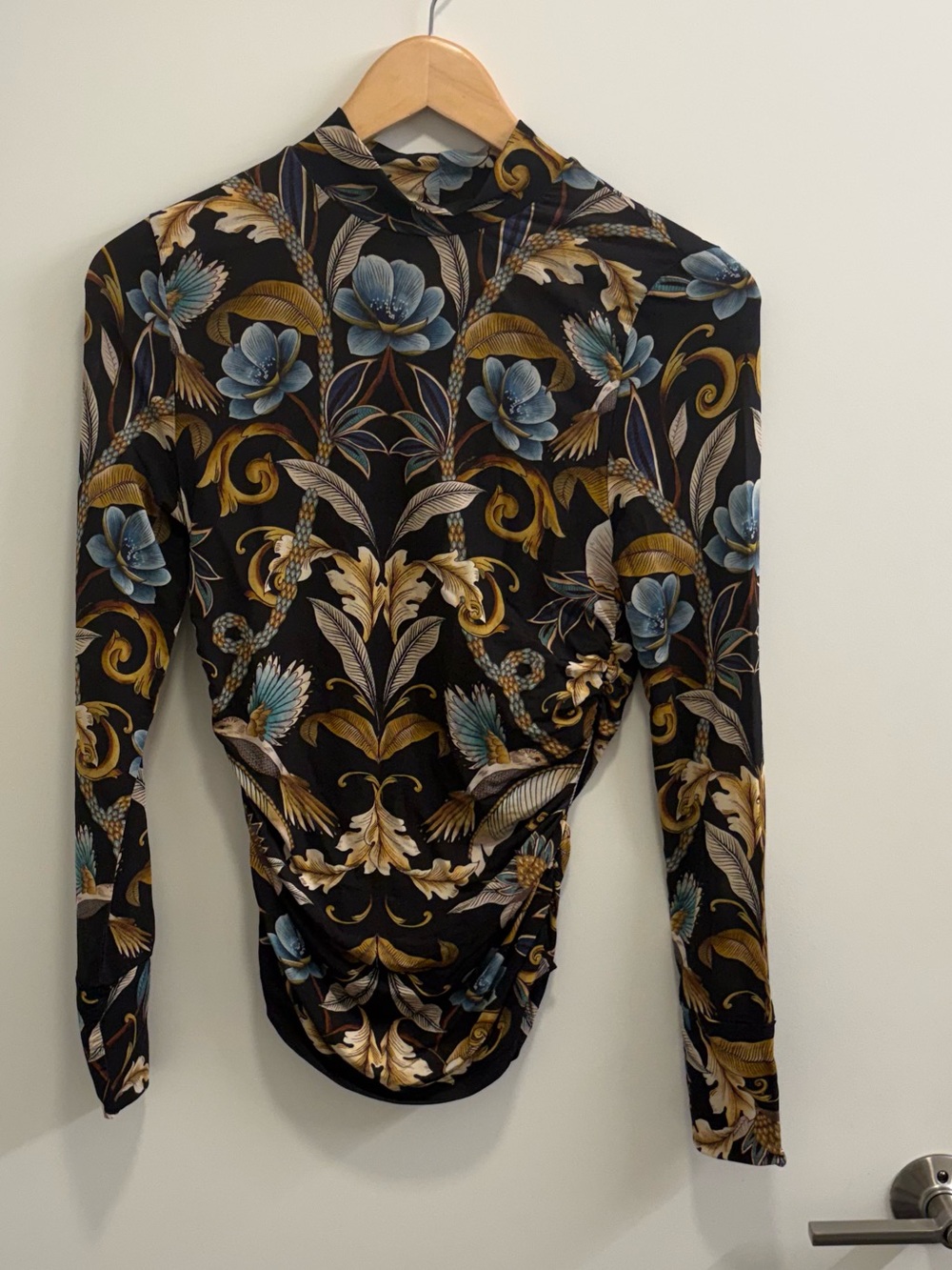 FARM Rio Floral Baroque Mock Neck Bodysuit - Black, Blue & Gold